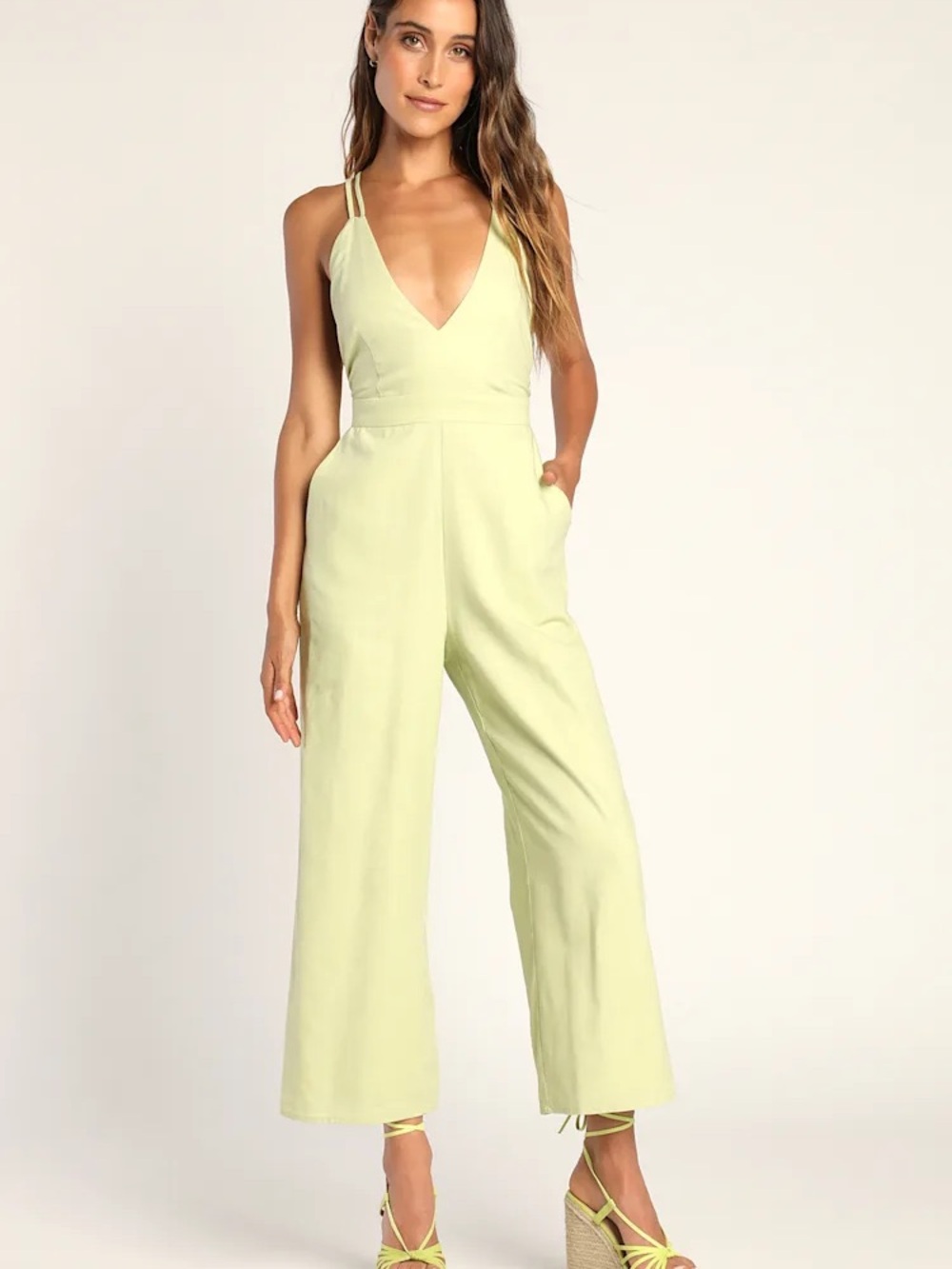 Lulu's Light Green Linen Backless Wide-Leg Jumpsuit